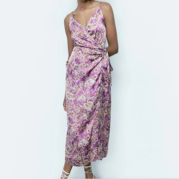 ★ZARA★ PRINTED SATIN MIDI DRESS ZARA PRINTED SATIN MIDI DRESS FRONT KNOT ROUND NECK SS24
